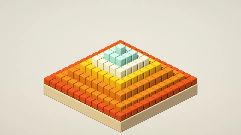 Desert Step Pyramid: a stepped pyramid of small cubes climbs from rust and orange through gold and sand to a mint top on a cream backdrop, PC wallpaper