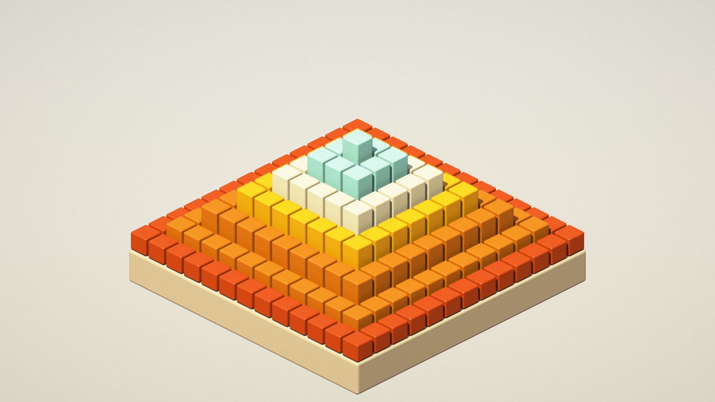 Desert Step Pyramid: a stepped pyramid of small cubes climbs from rust and orange through gold and sand to a mint top on a cream backdrop, PC wallpaper