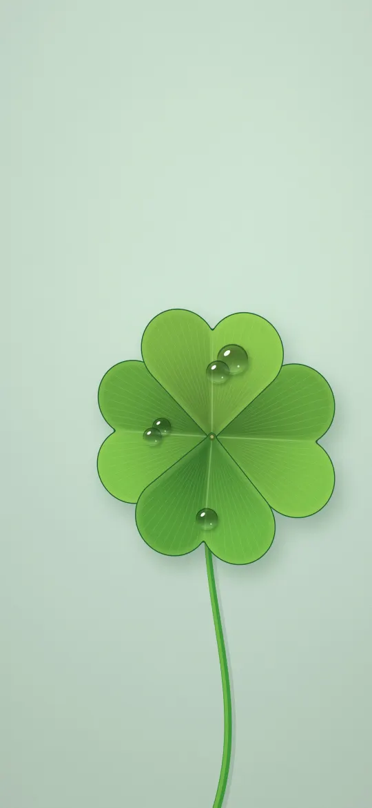 Dewy Four-Leaf Clover: one big four-leaf clover with clear dew drops on its leaves leans on a curving stem against pale mint, iPhone wallpaper