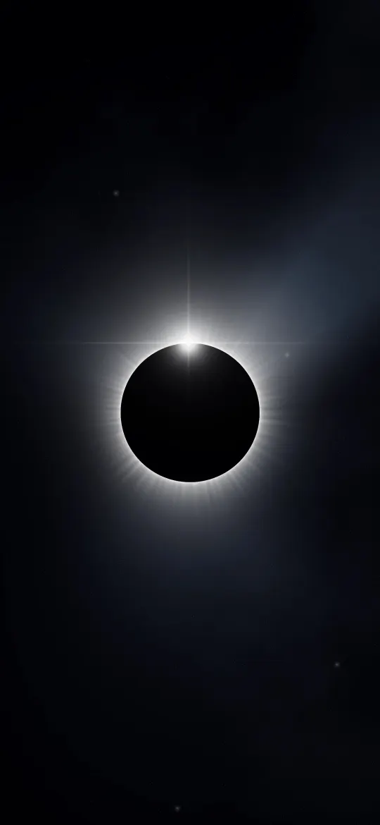 Diamond Ring Eclipse: the moon blocks the sun in a total eclipse, a bright diamond ring flash on its edge and pale corona streamers fanning out, iPhone wallpaper