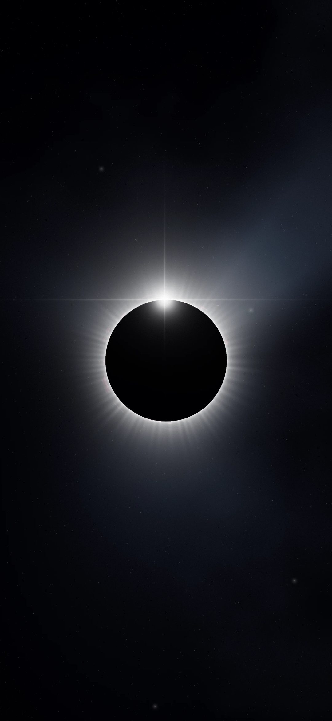 Diamond Ring Eclipse: the moon blocks the sun in a total eclipse, a bright diamond ring flash on its edge and pale corona streamers fanning out, iPhone wallpaper