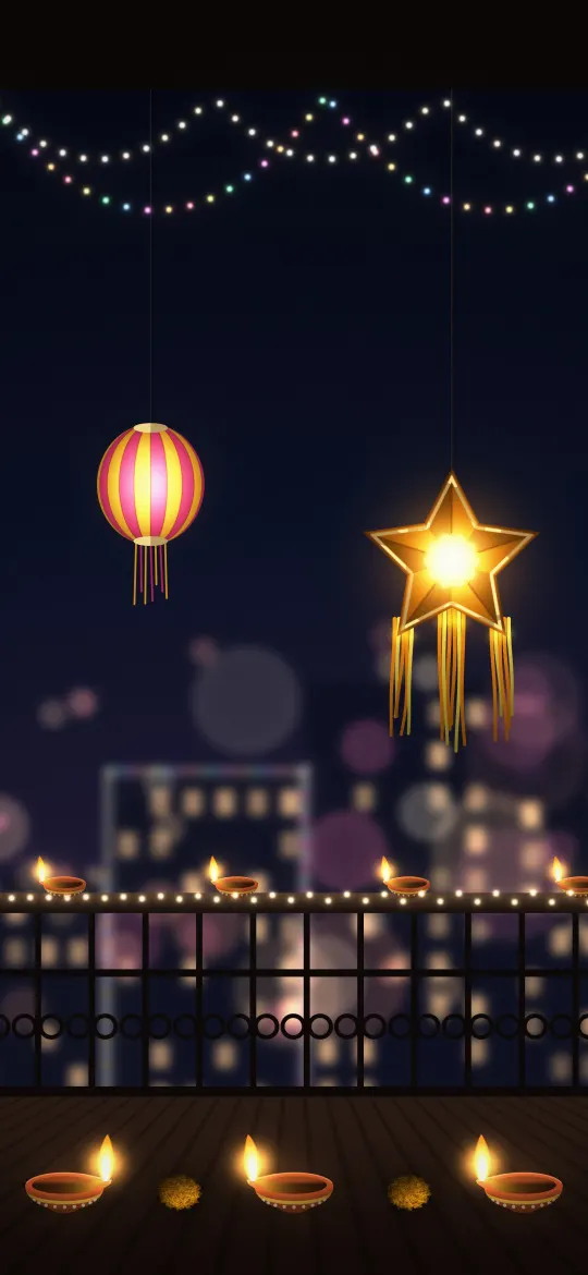 Diwali Balcony Lights: string lights, a star lantern and a round lantern hang over a balcony railing lined with fairy lights and diyas above a city, iPhone wallpaper