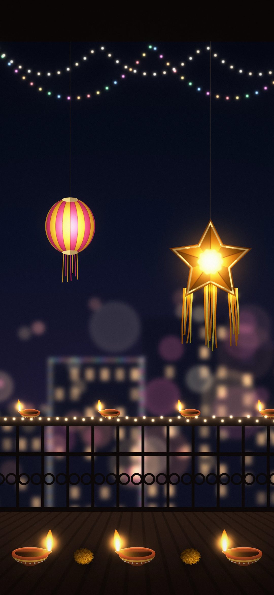 Diwali Balcony Lights: string lights, a star lantern and a round lantern hang over a balcony railing lined with fairy lights and diyas above a city, iPhone wallpaper
