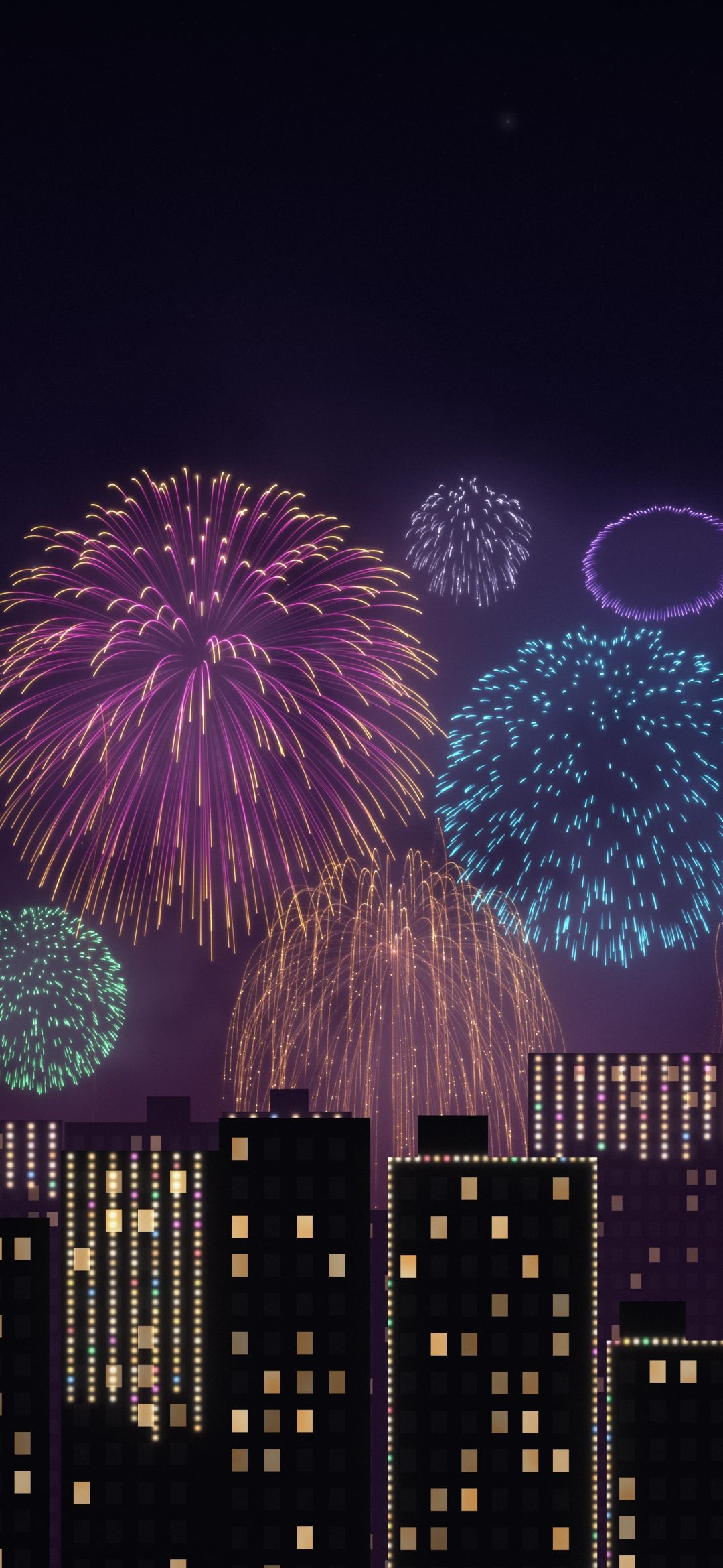 Diwali Fireworks Over the City: magenta, cyan, gold and green fireworks burst over city towers with lit windows and strings of festive lights, iPhone wallpaper