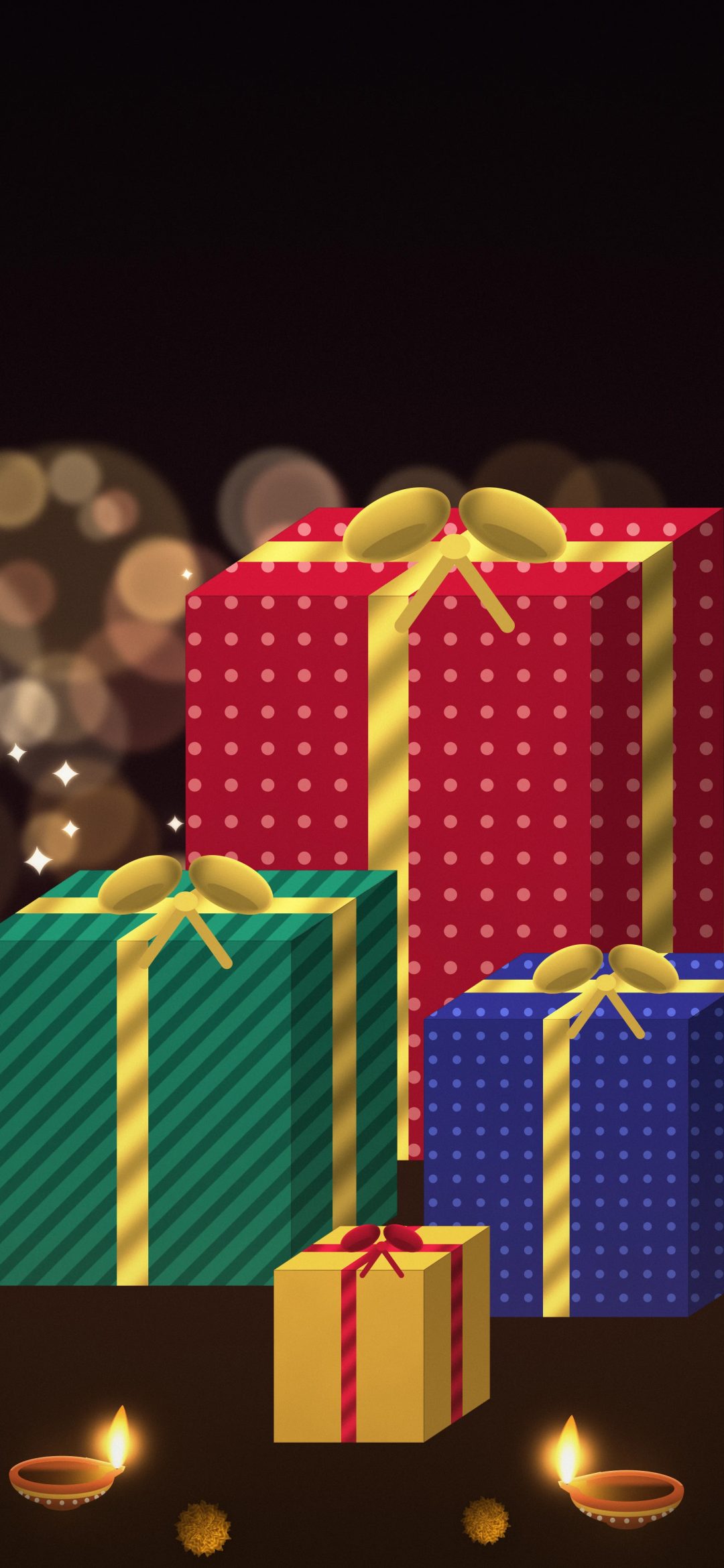 Diwali Gifts and Diyas: wrapped gift boxes with gold ribbons sit beside glowing diyas and marigolds in front of warm golden bokeh, iPhone wallpaper