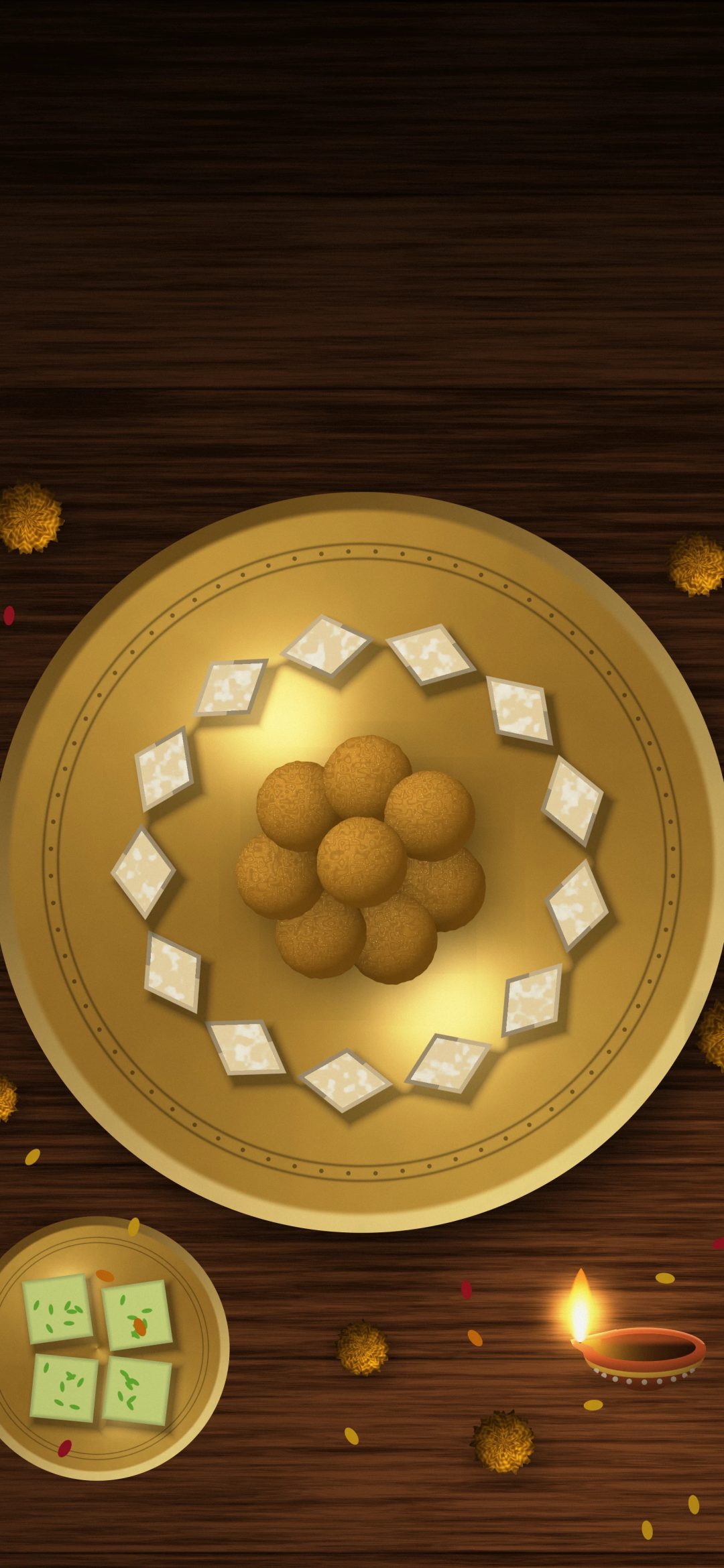 Diwali Sweets Plate: a brass plate of laddoos and kaju katli sits beside green barfi, a glowing diya and marigolds on dark wood, seen from above, iPhone wallpaper