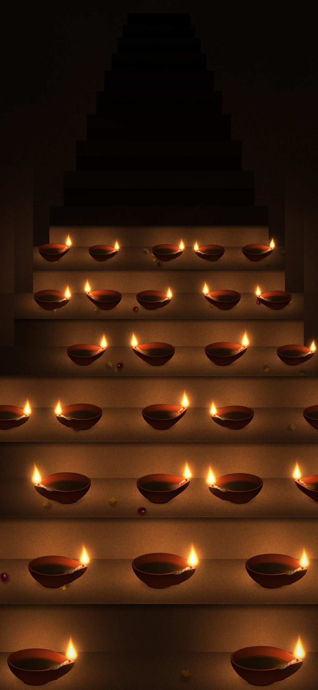 Diyas on the Stone Steps: rows of glowing clay diyas line every step of a stone staircase, with marigold and rose petals scattered between them, iPhone wallpaper