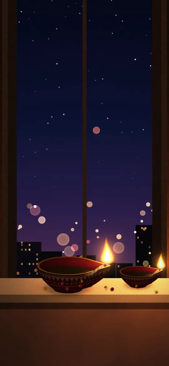 Diyas on the Windowsill: two painted diyas glow on a stone windowsill in front of a starry sky and a city of lit windows, iPhone wallpaper
