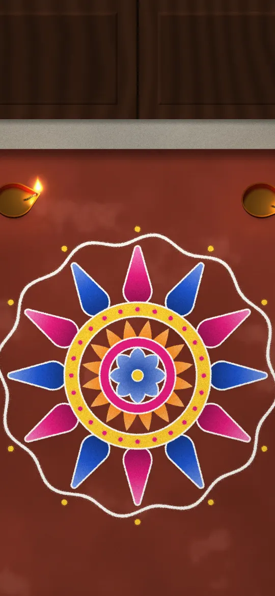 Doorstep Rangoli: a blue, magenta and yellow rangoli with a wavy white border lies on a red floor below a carved wooden door, two diyas at the threshold, iPhone wallpaper