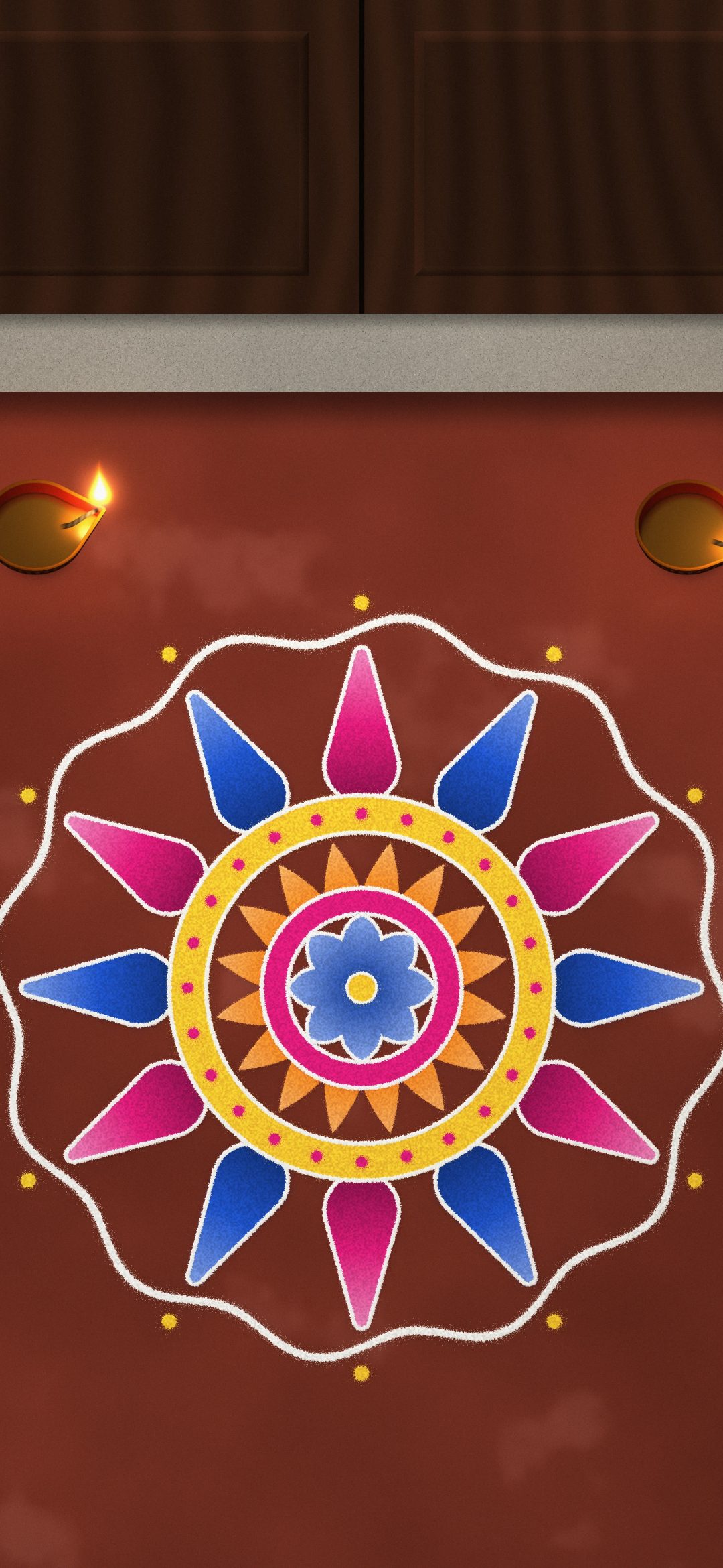 Doorstep Rangoli: a blue, magenta and yellow rangoli with a wavy white border lies on a red floor below a carved wooden door, two diyas at the threshold, iPhone wallpaper