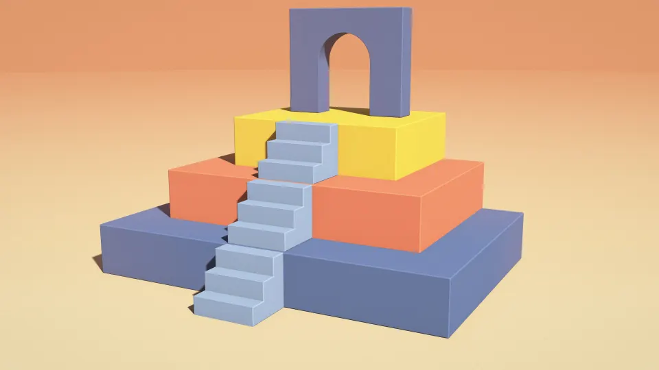 Dusk Step Ziggurat: a stepped ziggurat in slate blue, terracotta and gold climbs to a slate arch, glowing in warm light under an orange dusk sky, PC wallpaper