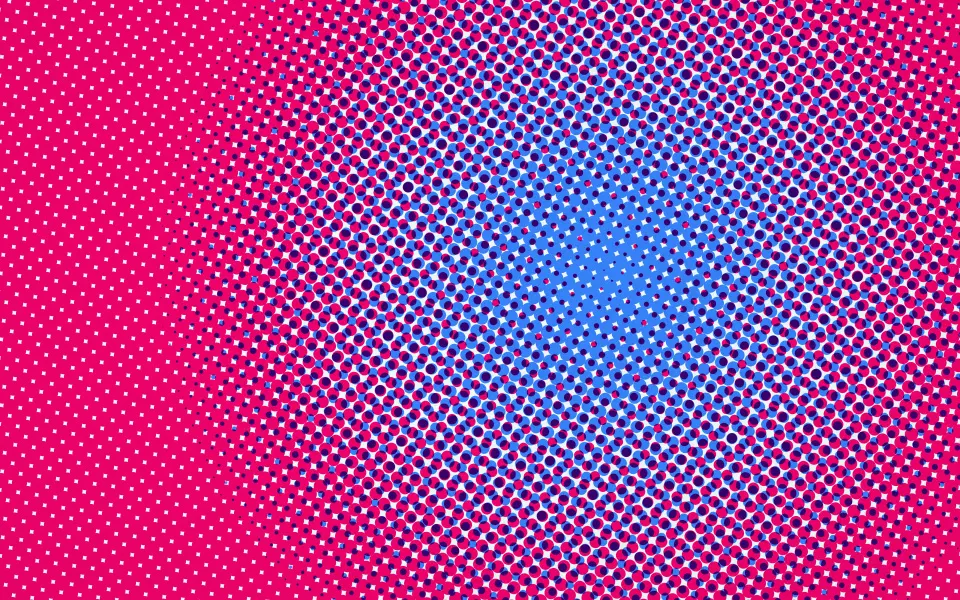 Electric Halftone Glow: blue and magenta halftone dots burst outward from a bright spot, overlapping at two angles like a punchy pop-art print, Mac wallpaper