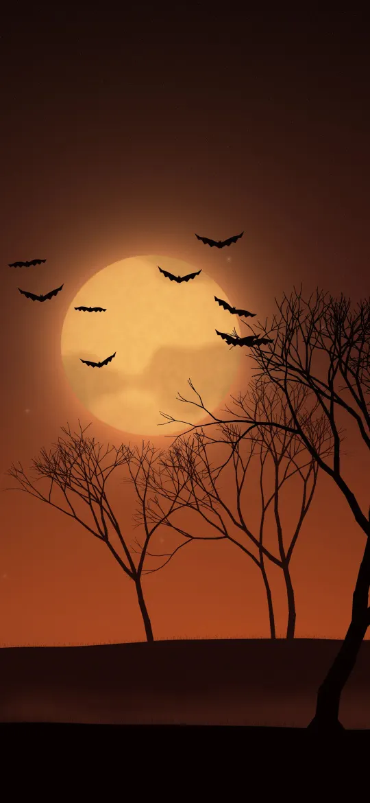 Ember Moon Night: a big amber moon glows through a smoky rust red sky as bats flutter past and a crooked bare tree reaches over black hills, iPhone wallpaper
