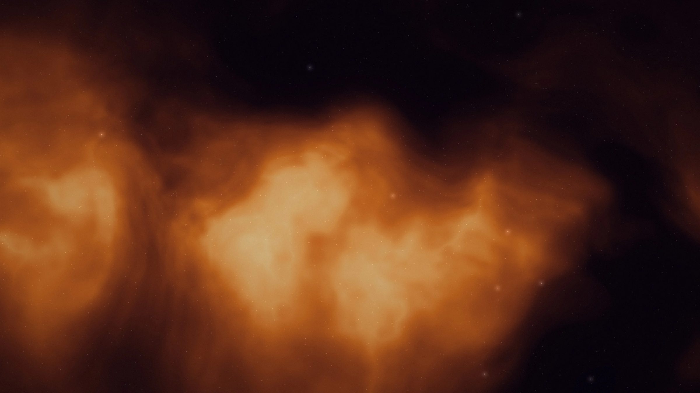 Ember Nebula: glowing orange and copper gas clouds burn against black space, scattered with bright, distant stars, PC wallpaper