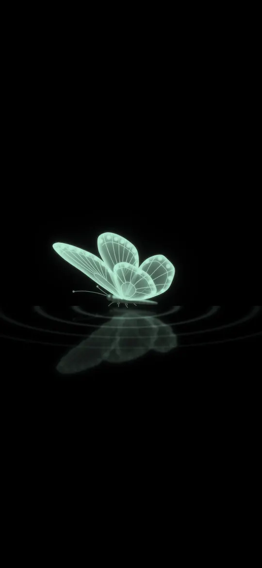 Emerald Butterfly Ripples: a glowing emerald butterfly rests on still black water, soft ripple rings spreading around it, iPhone wallpaper