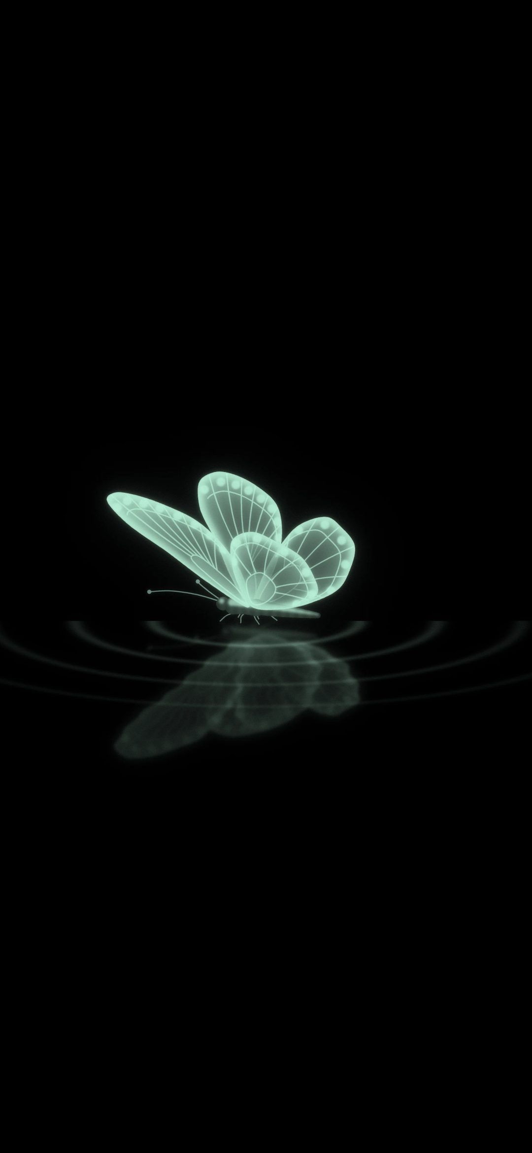 Emerald Butterfly Ripples: a glowing emerald butterfly rests on still black water, soft ripple rings spreading around it, iPhone wallpaper