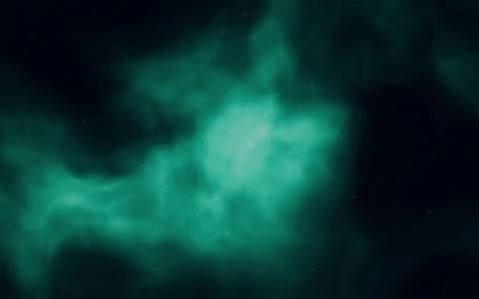 Emerald Cloud Nebula: emerald and mint clouds of glowing gas drift across a black starfield, a calm green nebula for a wide desktop, Mac wallpaper