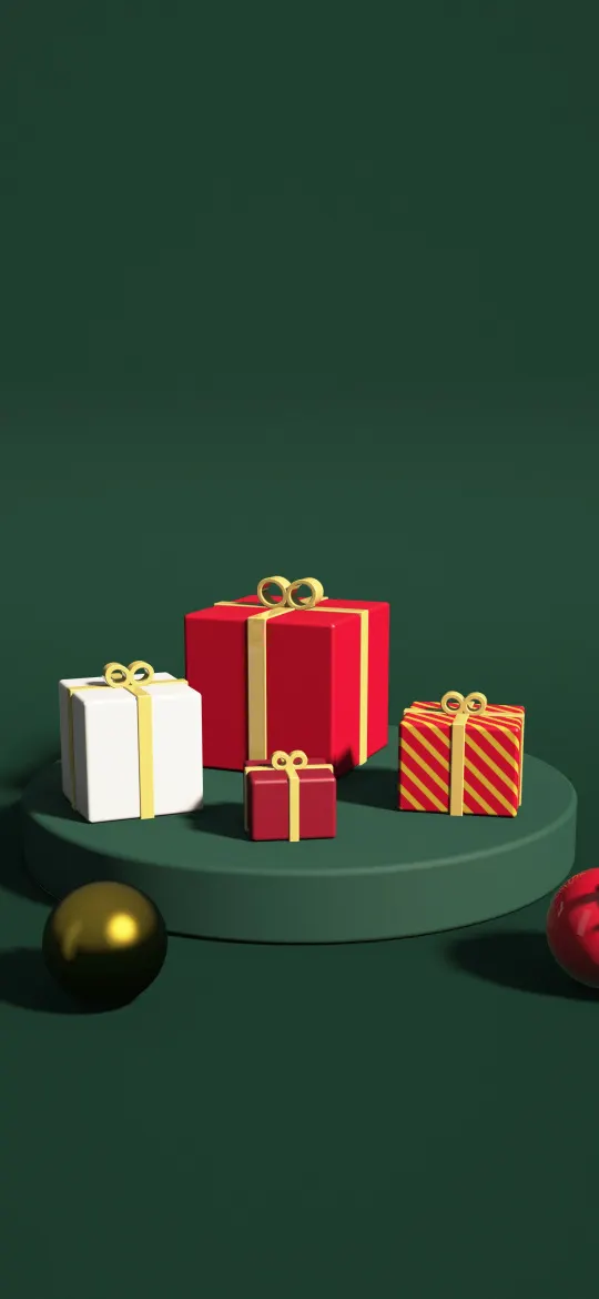 Emerald Gift Plinth: red, ivory and gold gift boxes tied with shiny gold ribbon sit on a dark green plinth in a deep emerald studio, beside polished baubles, iPhone wallpaper