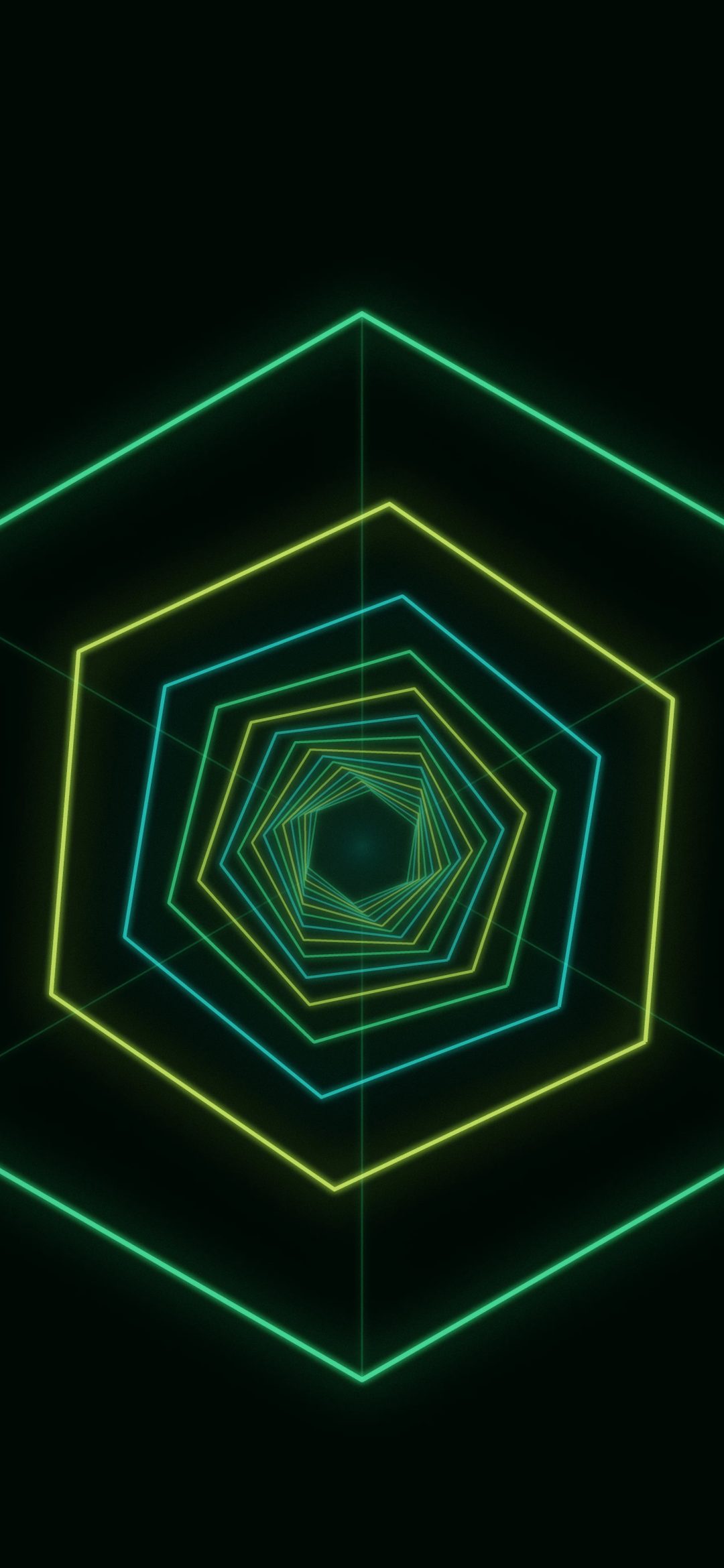Emerald Hex Tunnel: green and lime hexagon frames twist gently as they recede into a glowing tunnel, a hypnotic neon path into the dark, iPhone wallpaper