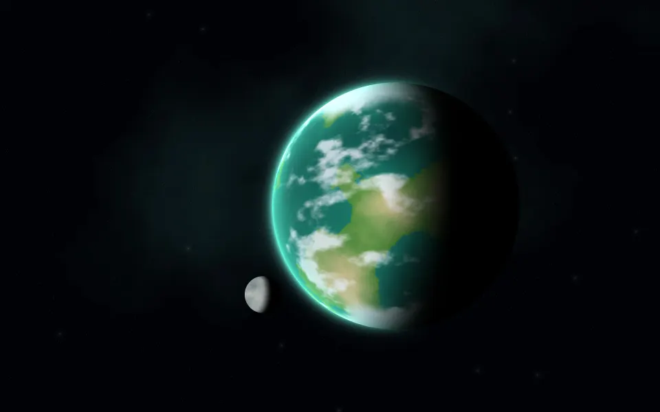 Emerald Sea Planet: a water world of emerald seas and green islands glows under swirling white clouds, a small moon orbiting close by, Mac wallpaper