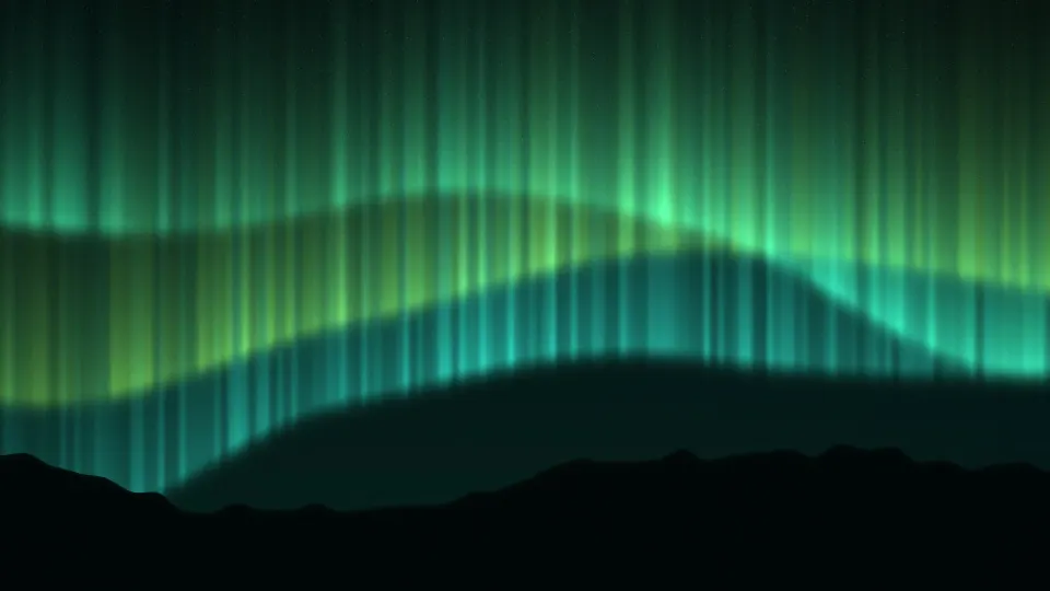 Emerald Sky Aurora: emerald and lime northern lights pour down over a dark mountain range on a clear, star-filled night, PC wallpaper