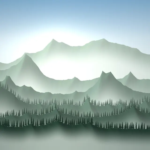 Emerald Valley Ranges: green mountain ranges step back into a pale blue haze, the nearest slopes lined with dark firs above a misty valley floor, iPad wallpaper