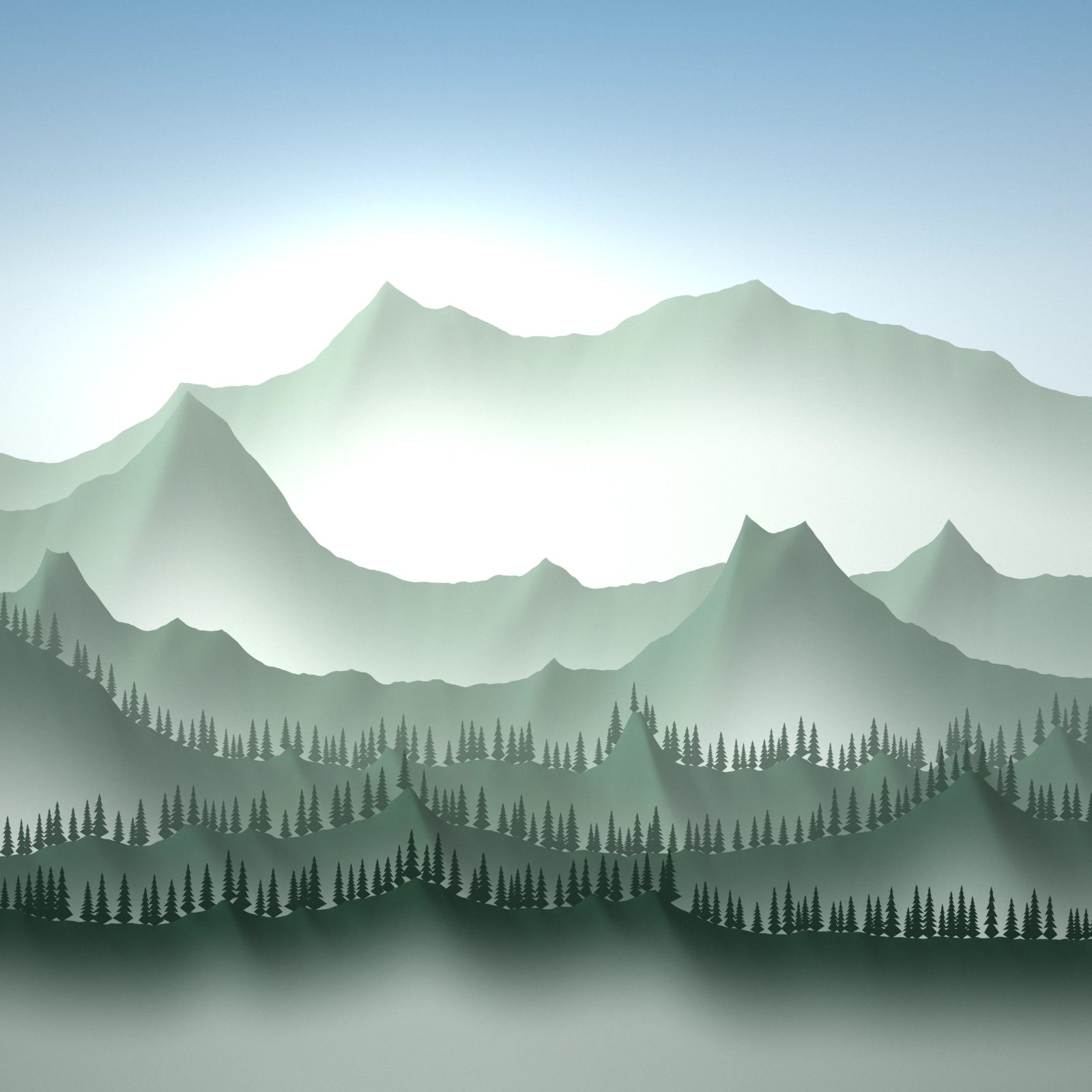 Emerald Valley Ranges: green mountain ranges step back into a pale blue haze, the nearest slopes lined with dark firs above a misty valley floor, iPad wallpaper