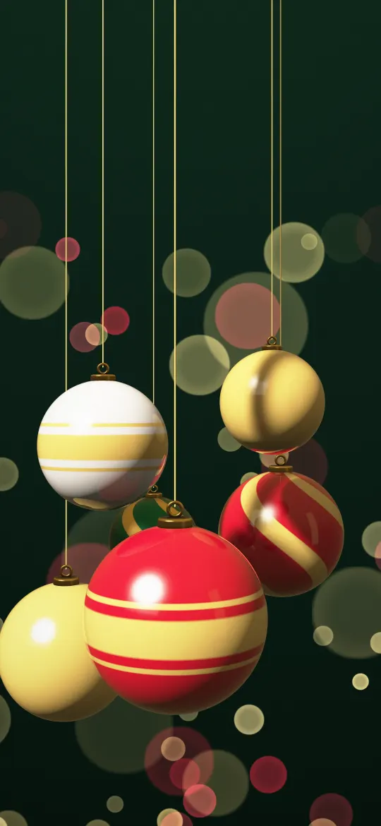 Evergreen Bauble Drop: glossy red, gold and white Christmas baubles, some with painted gold stripes, hang on golden threads before warm bokeh lights on a deep green background, iPhone wallpaper