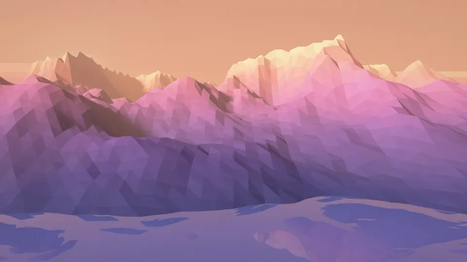 Faceted Sunset Peaks: low poly mountains in indigo, plum, pink and apricot rise behind a violet lake as a peach sunset glows in the sky, PC wallpaper