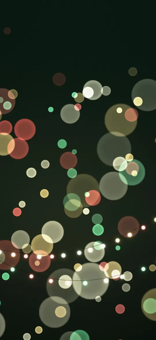 Festive Light Garland: two strings of red, green and gold bulbs sag across a deep pine green night, surrounded by blurred red, green and golden light circles, iPhone wallpaper
