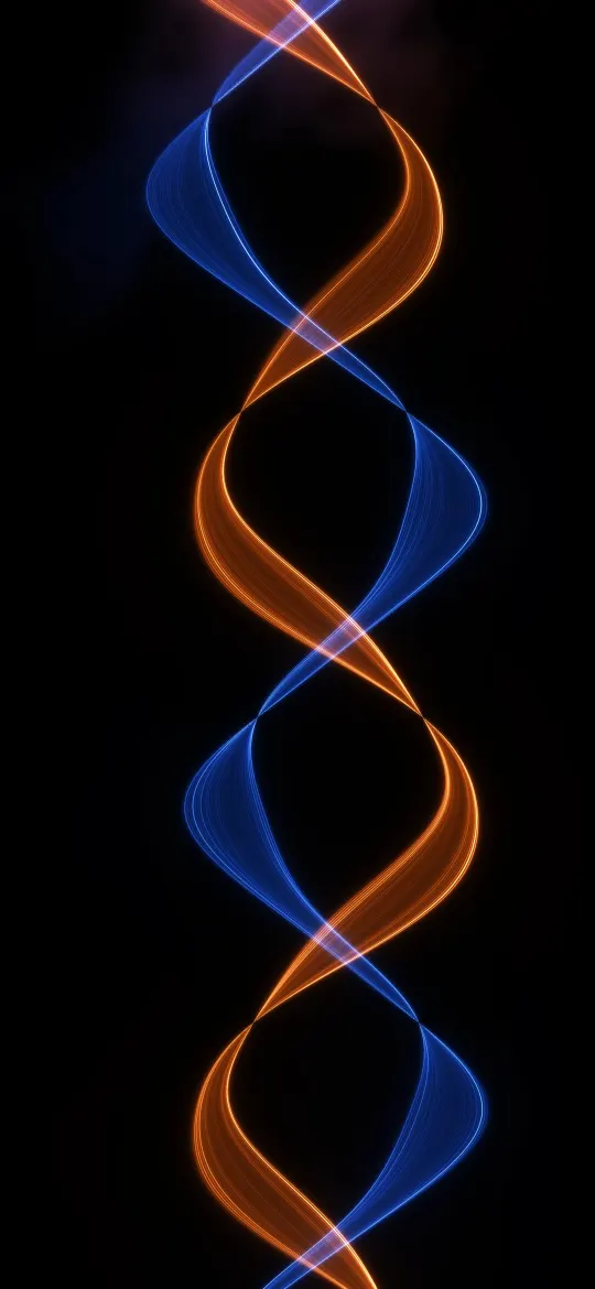 Fire and Ice Braid: an orange and a blue strand of glowing threads braid around each other from top to bottom on black, iPhone wallpaper