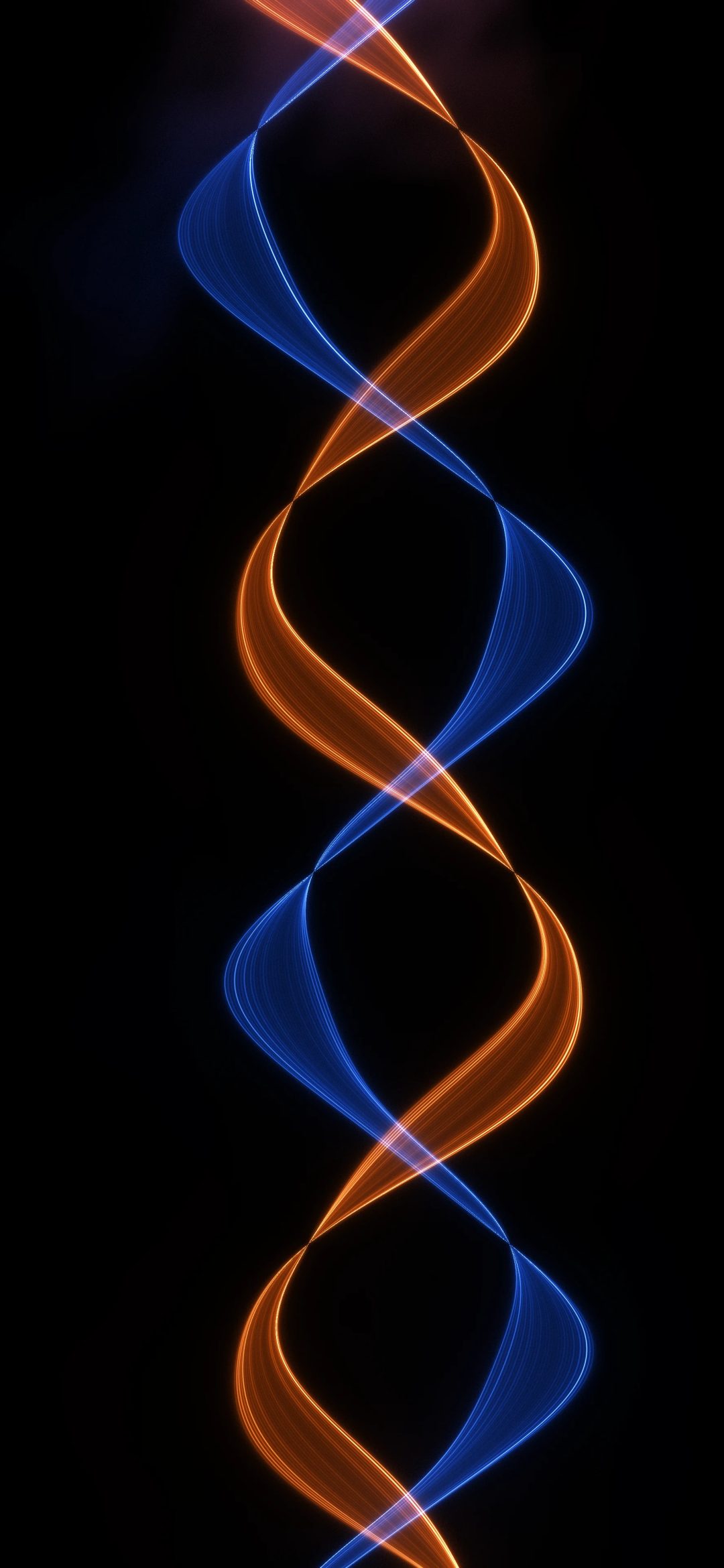 Fire and Ice Braid: an orange and a blue strand of glowing threads braid around each other from top to bottom on black, iPhone wallpaper