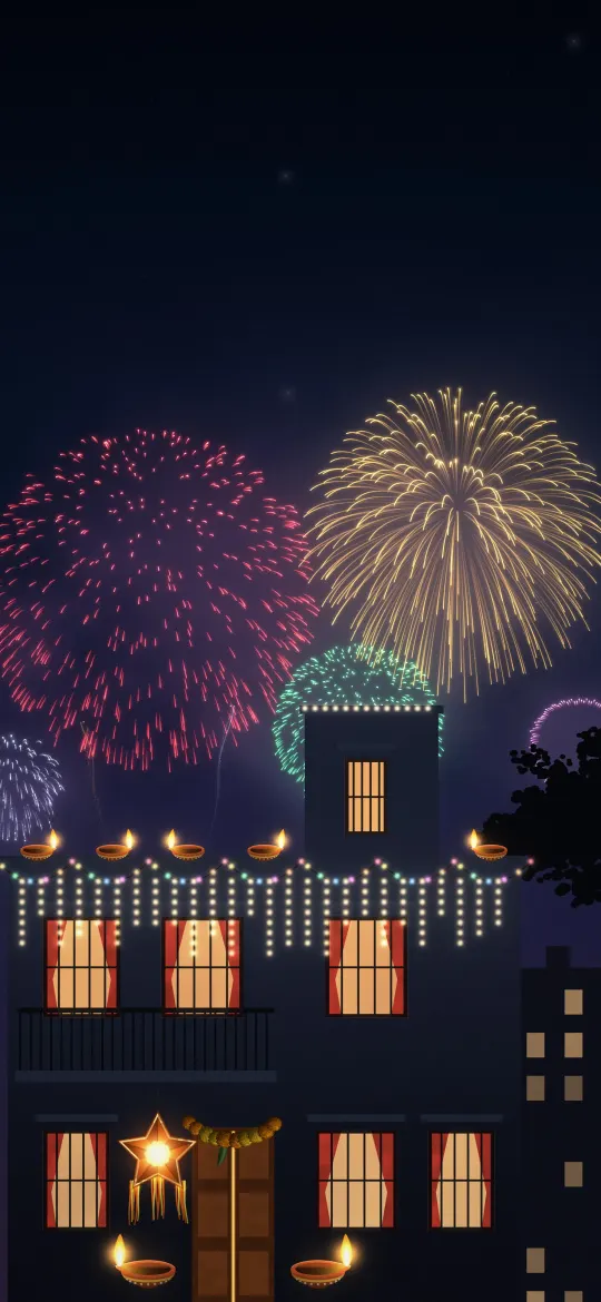Fireworks Over a Lit House: red, gold and green fireworks burst above a house decorated with string lights, diyas, a star lantern and a marigold toran, iPhone wallpaper