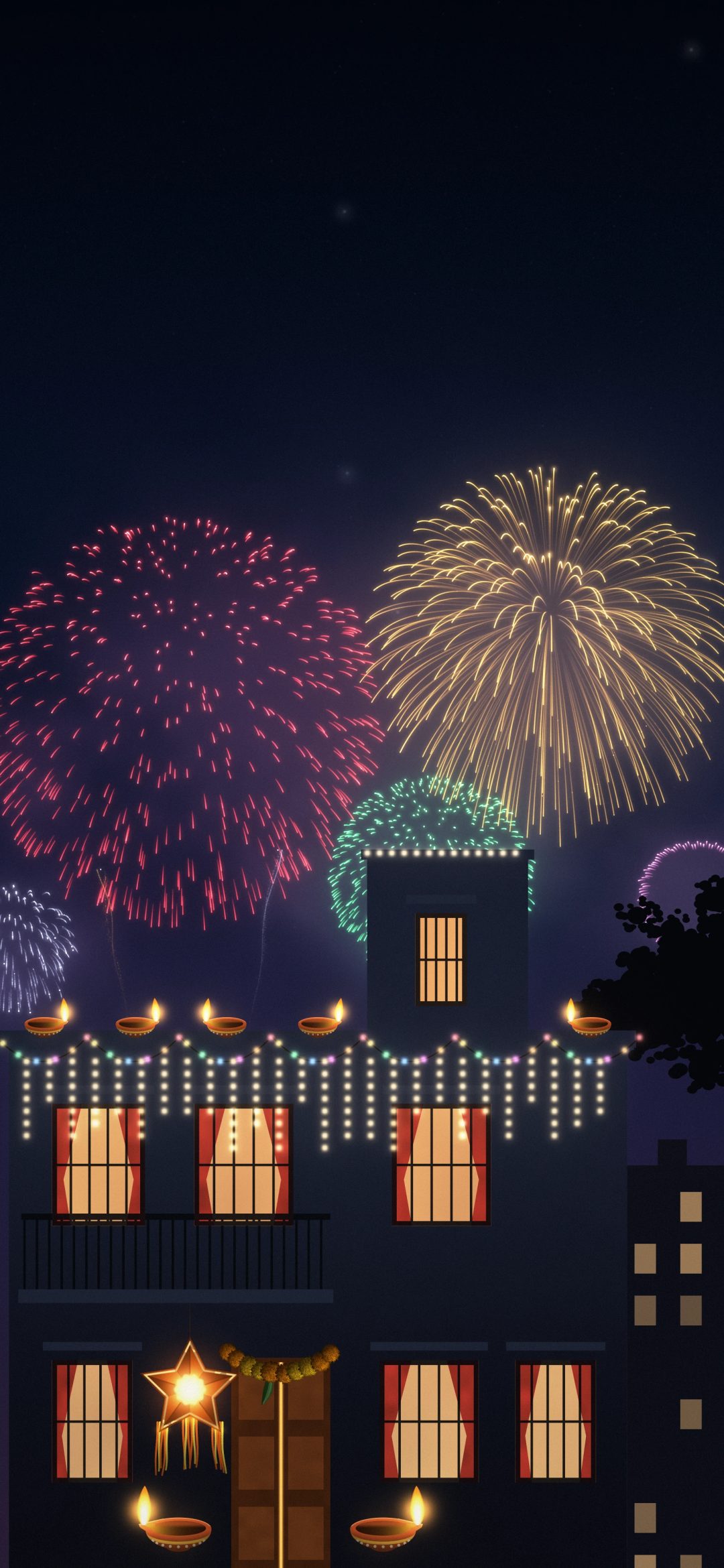 Fireworks Over a Lit House: red, gold and green fireworks burst above a house decorated with string lights, diyas, a star lantern and a marigold toran, iPhone wallpaper