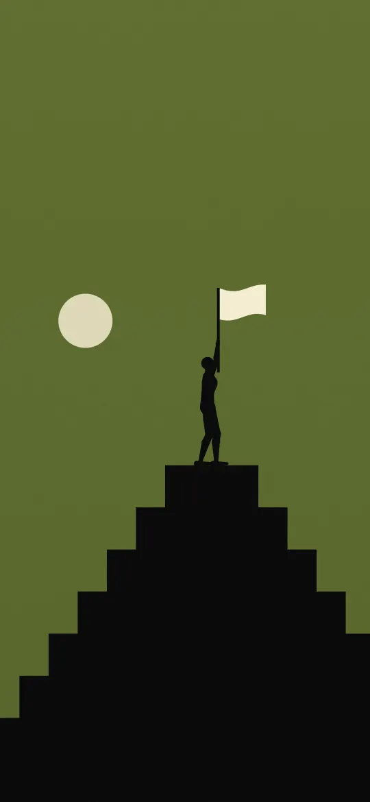 Flag at the Top: a figure plants a white flag on top of a stepped pyramid beside a small pale moon on olive green, iPhone wallpaper