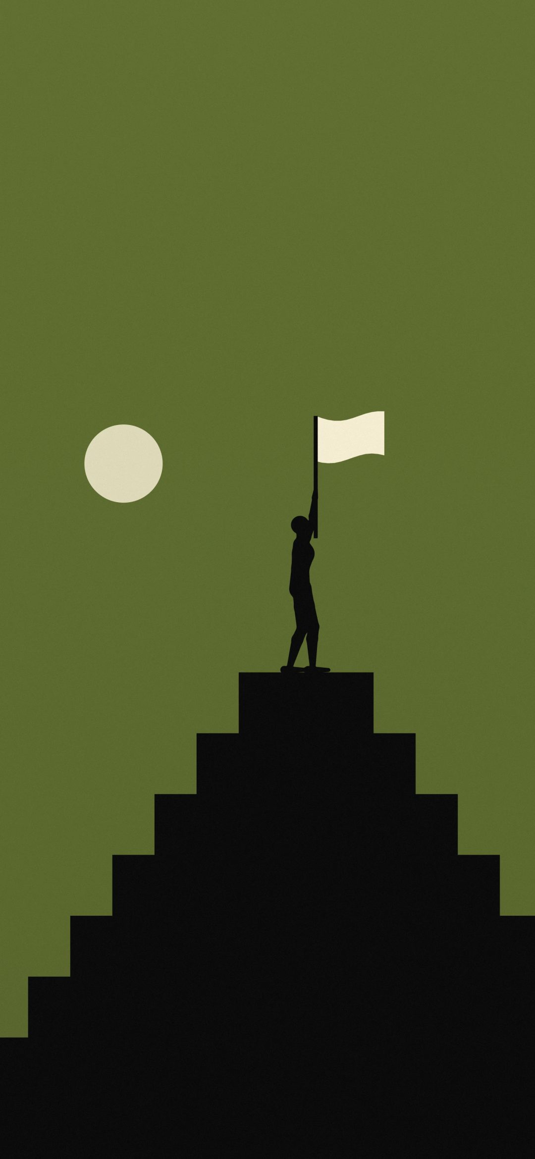 Flag at the Top: a figure plants a white flag on top of a stepped pyramid beside a small pale moon on olive green, iPhone wallpaper
