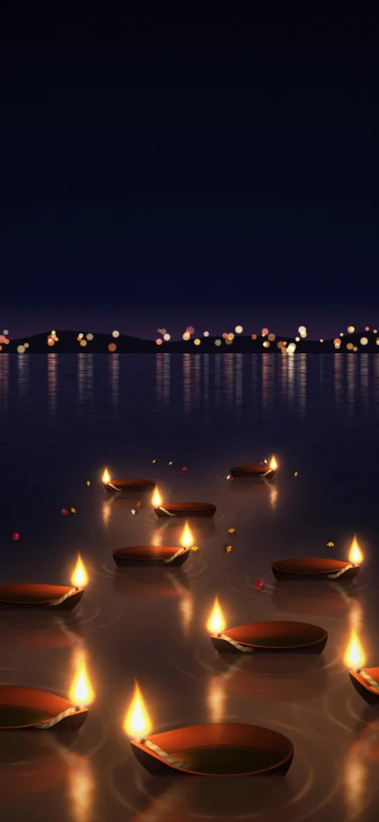 Floating Diyas on the Lake: clay diyas float on a dark lake at night, their flames reflected in the ripples, with tiny lights on the far shore, iPhone wallpaper