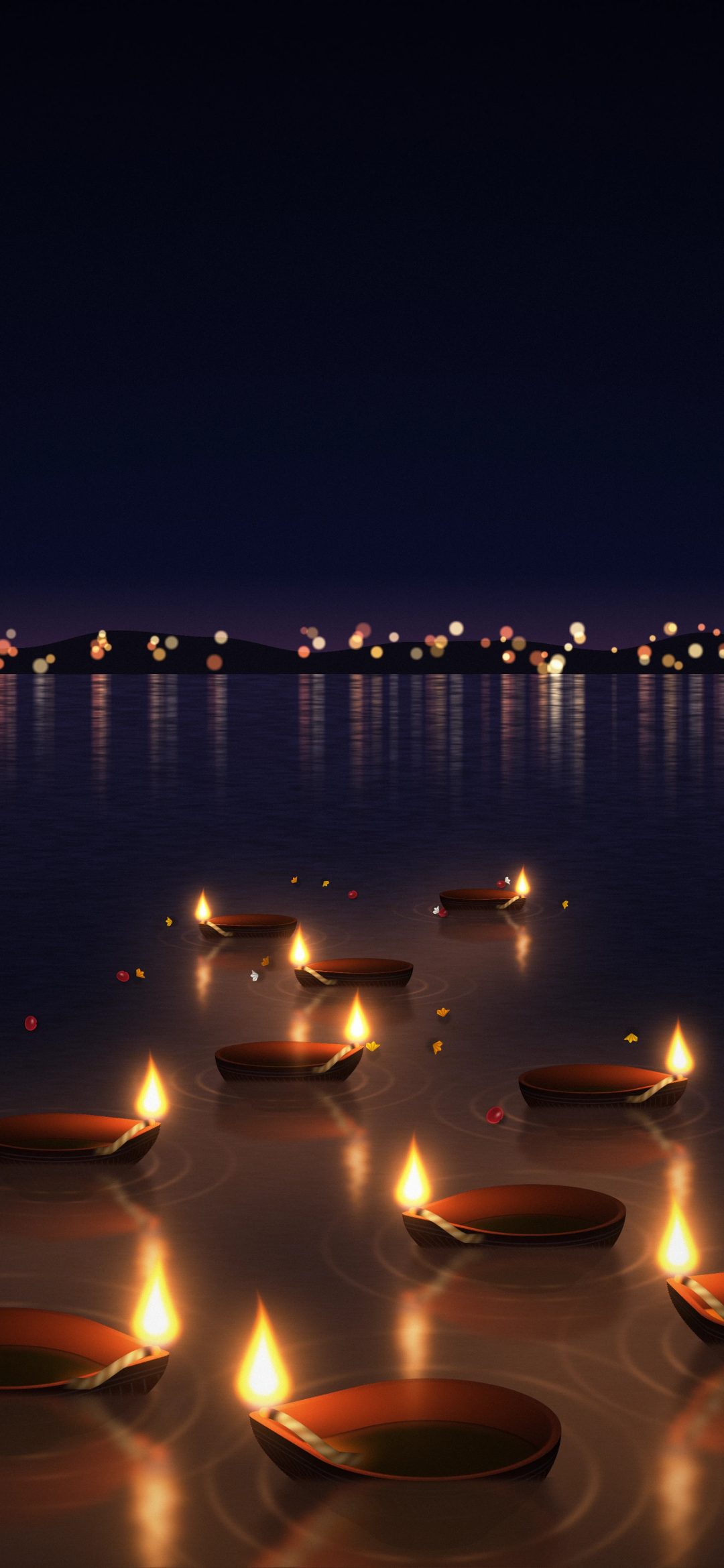 Floating Diyas on the Lake: clay diyas float on a dark lake at night, their flames reflected in the ripples, with tiny lights on the far shore, iPhone wallpaper