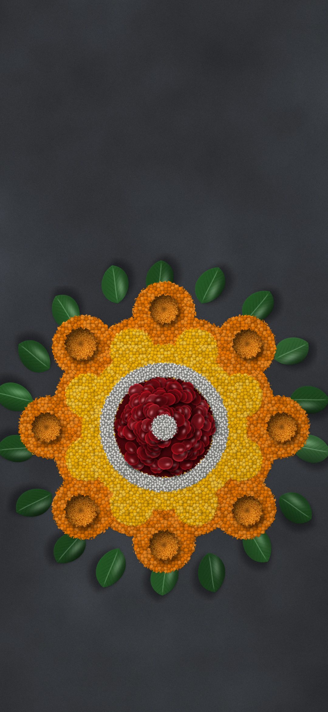 Flower Petal Rangoli: rose petals, jasmine buds, marigold petals and green leaves form a flower rangoli on a dark slate floor, iPhone wallpaper