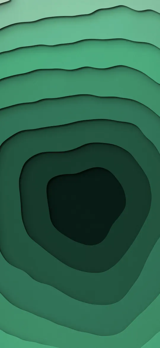 Forest Paper Depths: ten layers of green paper step down from pale mint through leaf and emerald into a dark forest hollow, each casting a shadow, iPhone wallpaper
