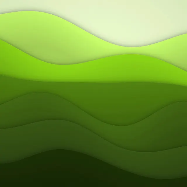 Forest Paper Waves: lime to deep forest green bands flow down the screen in layered paper waves, fresh and natural, iPad wallpaper