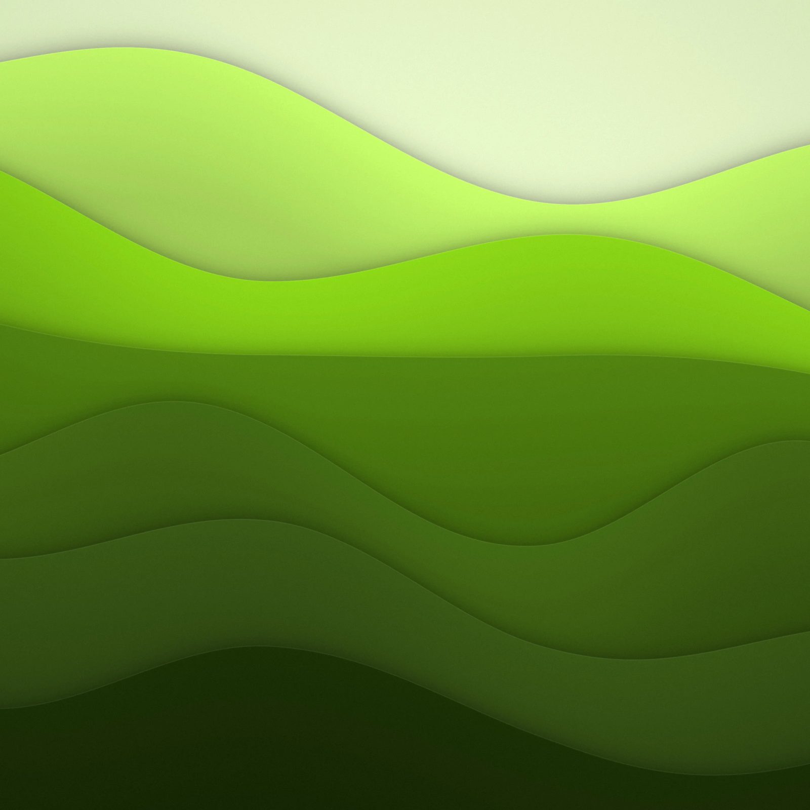Forest Paper Waves: lime to deep forest green bands flow down the screen in layered paper waves, fresh and natural, iPad wallpaper