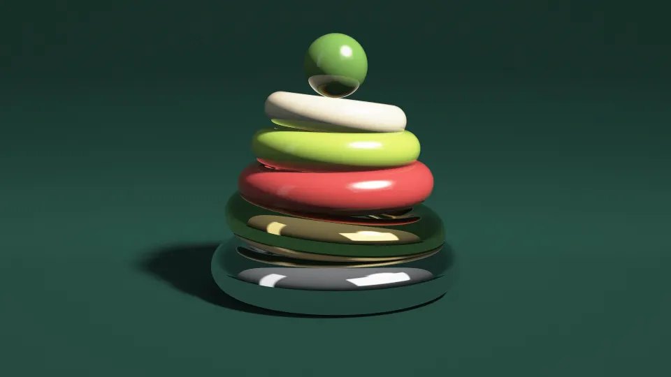 Forest Ring Stack: cream, green and brick red rings stack with two polished metal rings and a top ball on a deep forest green studio floor, PC wallpaper