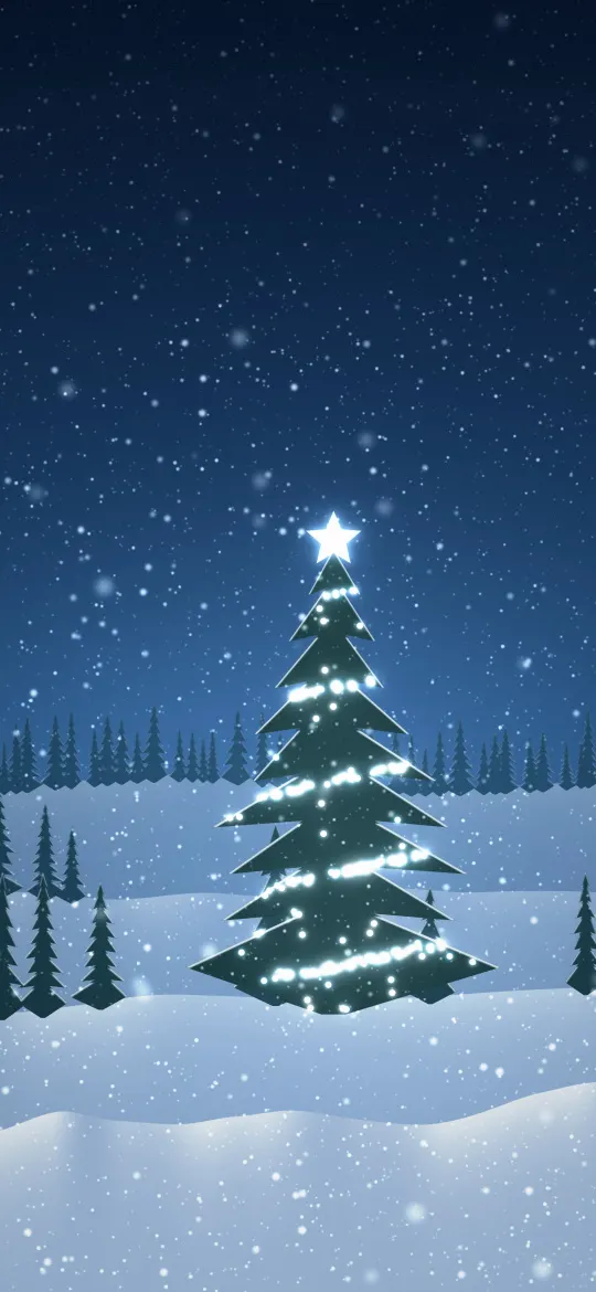 Frosted Blue Tree Lights: a frosted fir glitters with icy blue and white lights and a pale star, standing in deep snow while flakes fall through a blue winter night, iPhone wallpaper