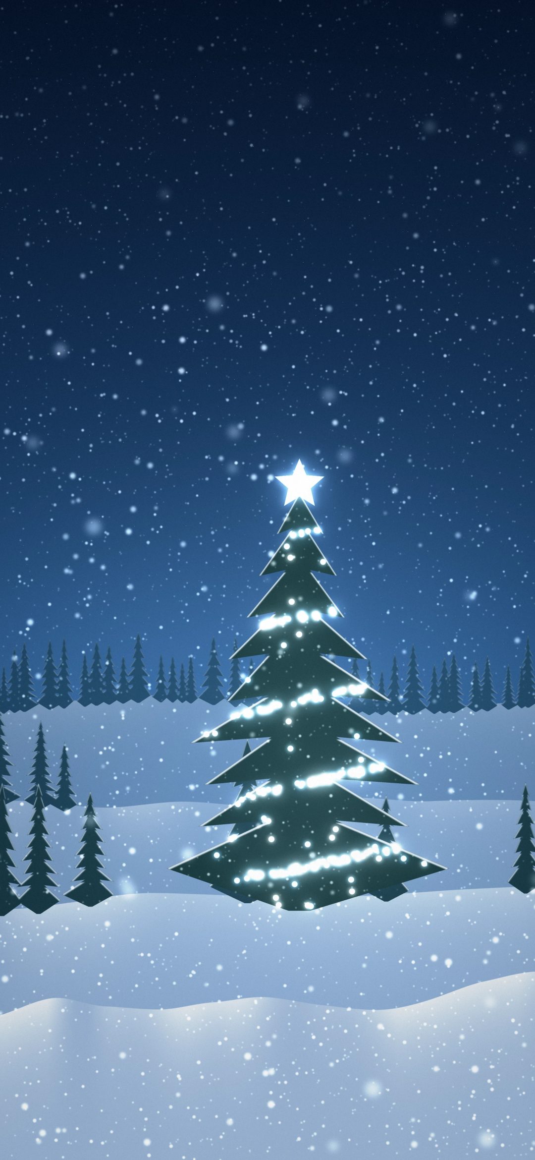 Frosted Blue Tree Lights: a frosted fir glitters with icy blue and white lights and a pale star, standing in deep snow while flakes fall through a blue winter night, iPhone wallpaper