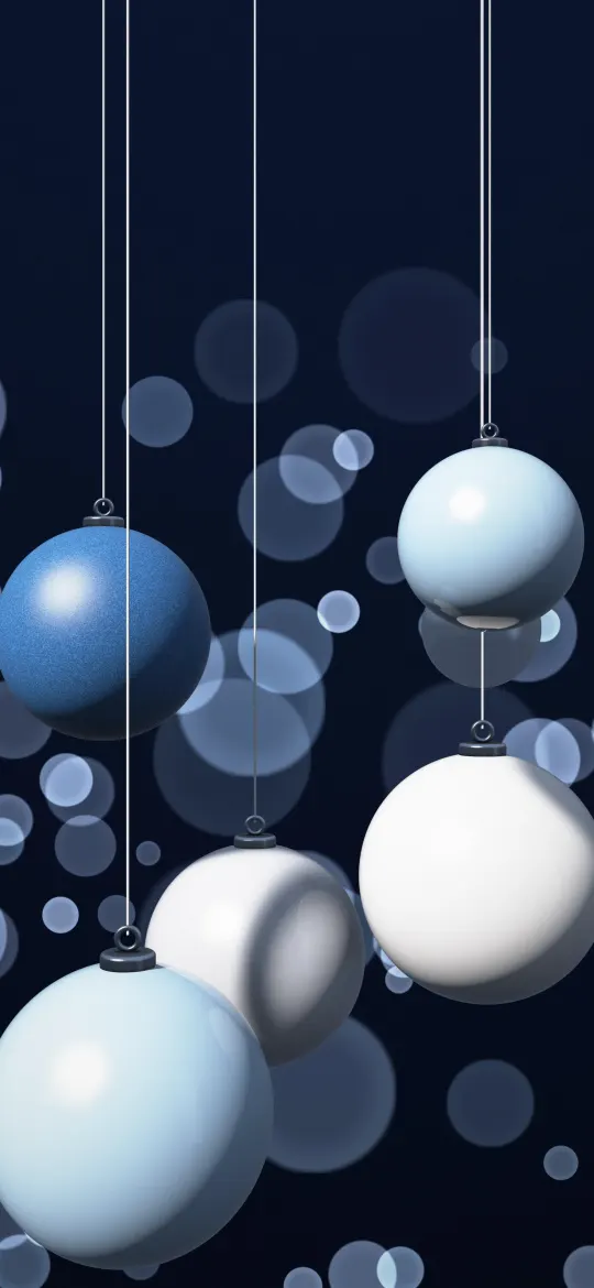 Frosted Silver Baubles: icy blue, silver and pearl white baubles with silver caps hang on fine threads before cool blue out-of-focus lights on a midnight navy backdrop, iPhone wallpaper