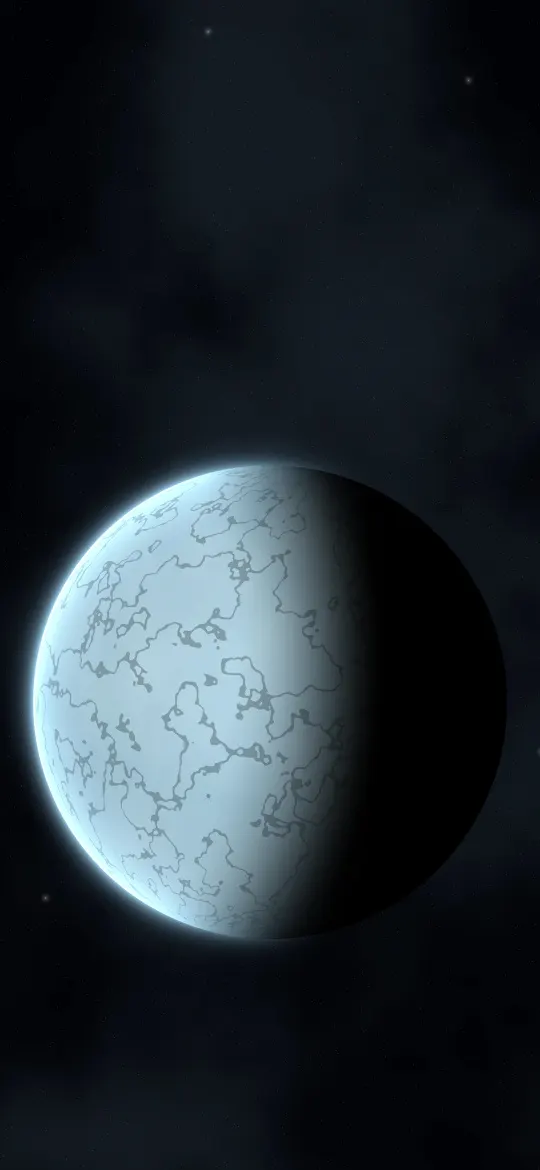 Frozen Moon World: a pale icy world crossed by fine cracks glows blue-white in starlight, a thin halo of atmosphere around its sunlit edge, iPhone wallpaper