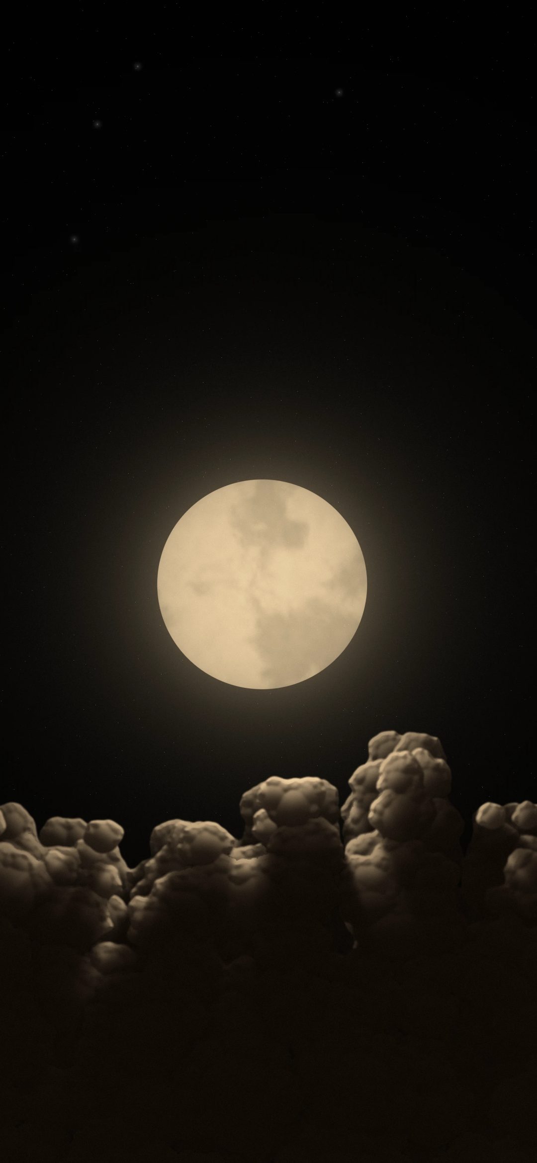 Full Moon Above the Clouds: a big golden full moon rises over a sea of warm sepia cloud tops on a black sky, iPhone wallpaper