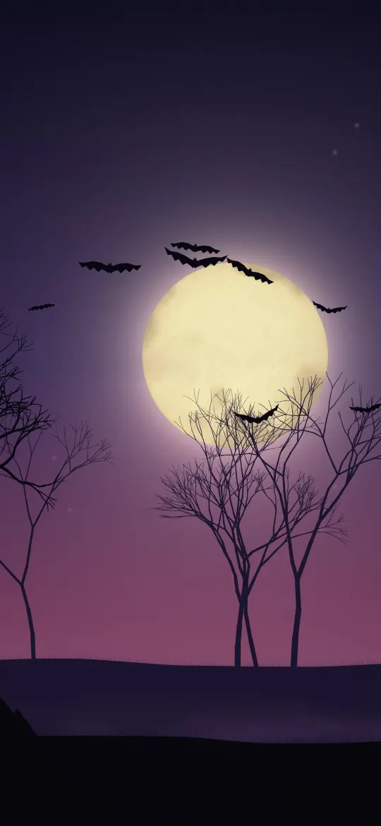 Full Moon Bat Flight: black bats fly past a huge glowing full moon above misty purple hills, framed by a gnarled bare tree with twisting branches, iPhone wallpaper