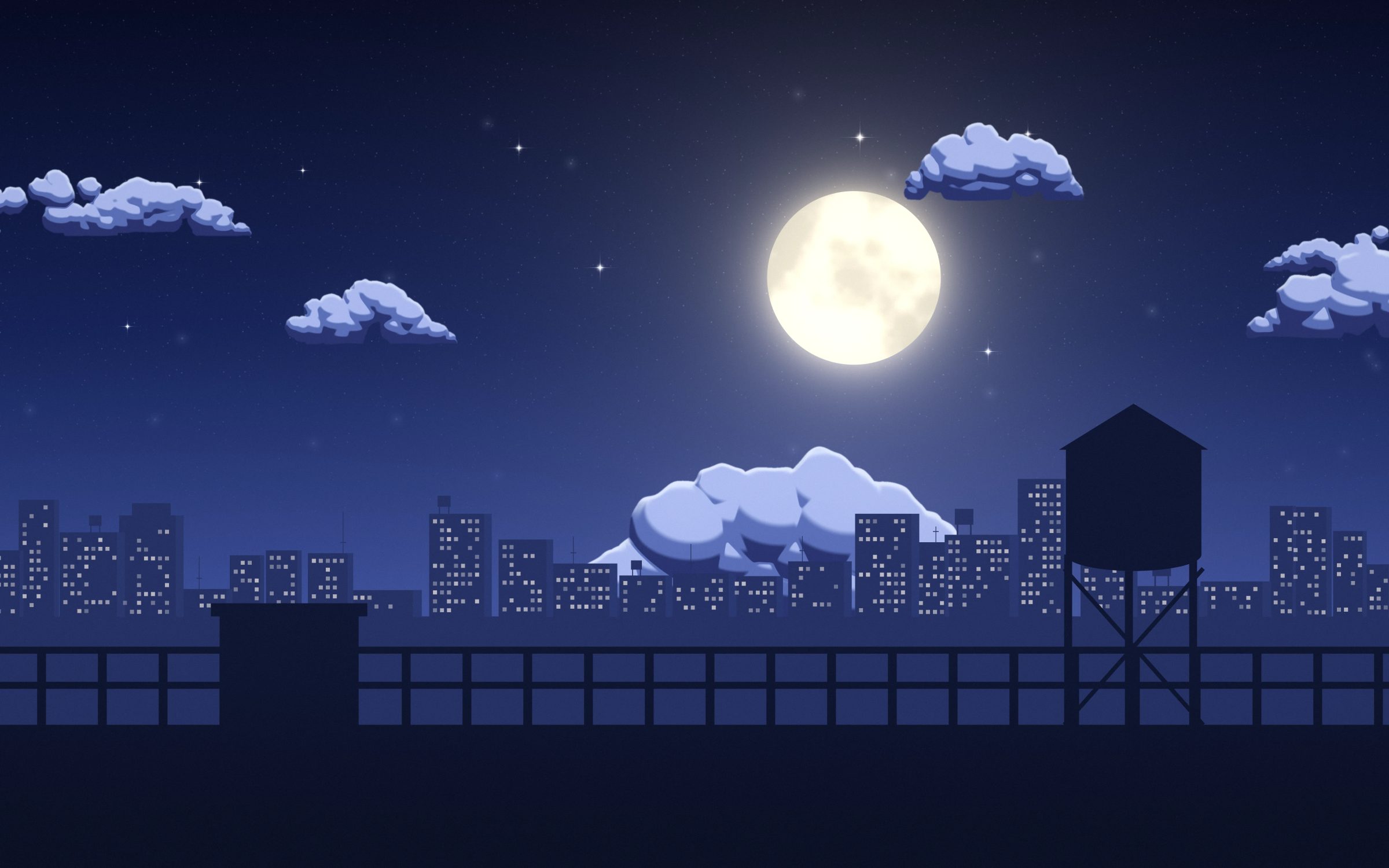 Full Moon Rooftops: a full moon shines over a sea of lit city windows, seen across a wide rooftop with its railing and a water tank, Mac wallpaper